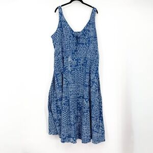 Chaps Blue White Batik Medallion Lace Up V-Neck Cotton Midi Dress Womens 3X